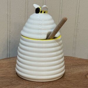 Honey Jar Container with Wood Dipper Bubble Bee Beehive Ceramic Maison Home New